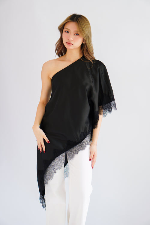Marceline Lace Satin Toga Top in Black