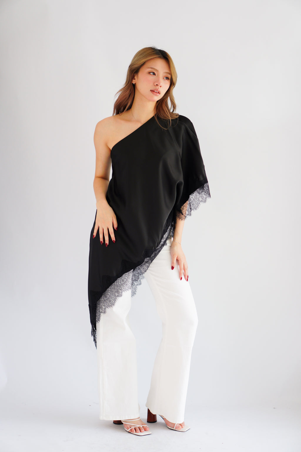 Marceline Lace Satin Toga Top in Black