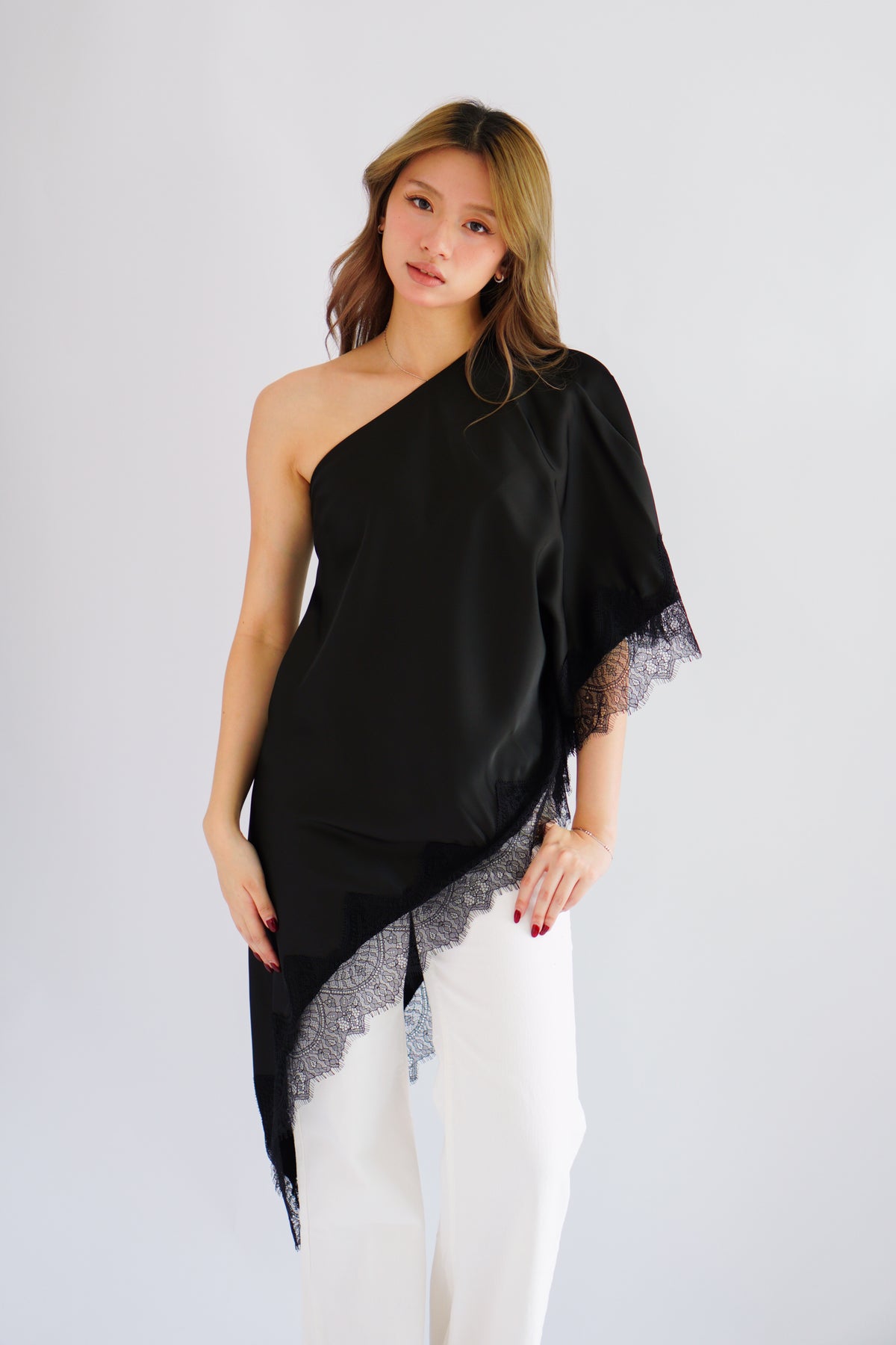 Marceline Lace Satin Toga Top in Black