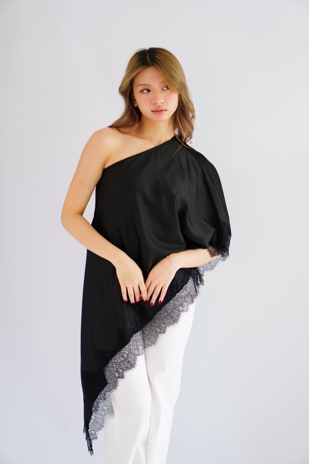 Marceline Lace Satin Toga Top in Black