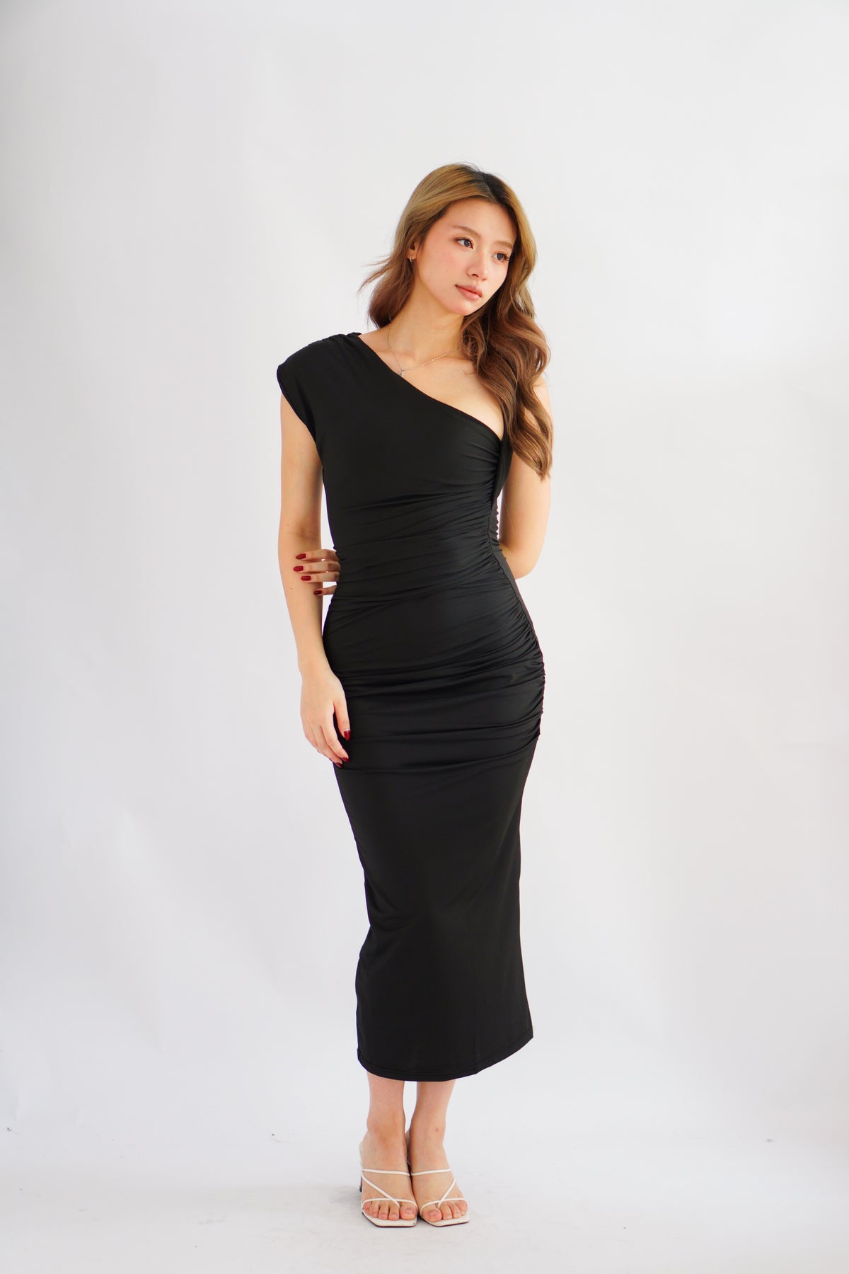 Kinzy Ruched Bodycon Maxi Dress in Black