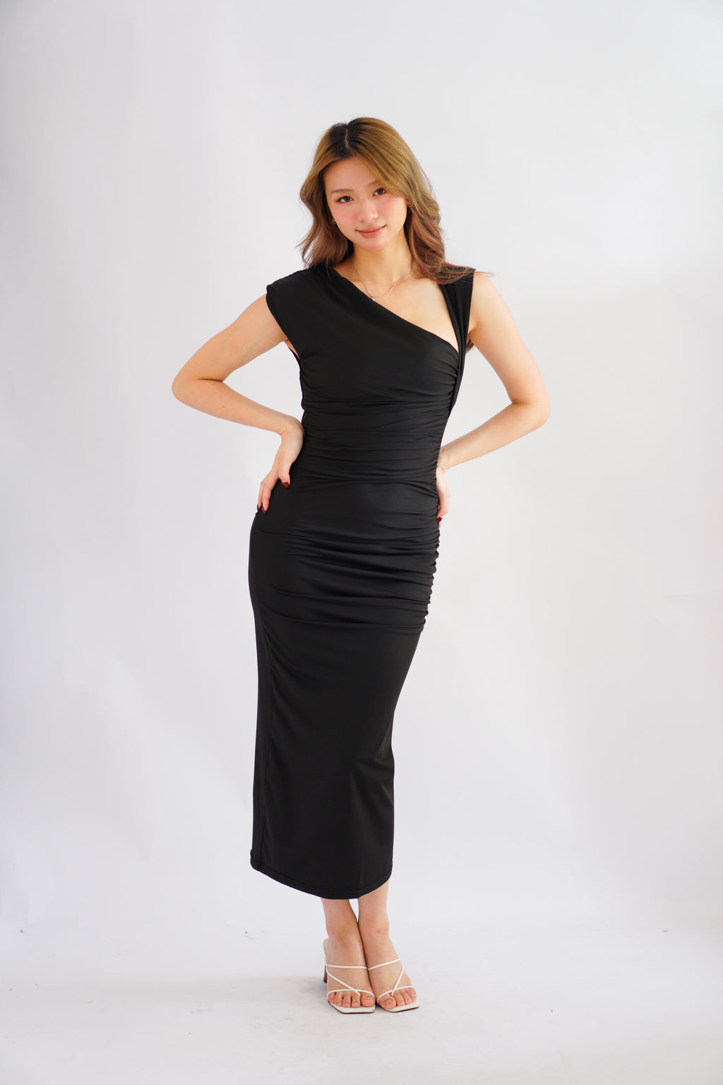 Kinzy Ruched Bodycon Maxi Dress in Black