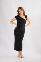 Kinzy Ruched Bodycon Maxi Dress in Black
