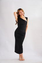 Kinzy Ruched Bodycon Maxi Dress in Black