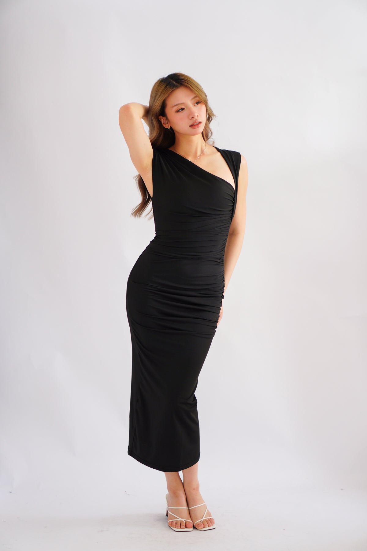 Kinzy Ruched Bodycon Maxi Dress in Black