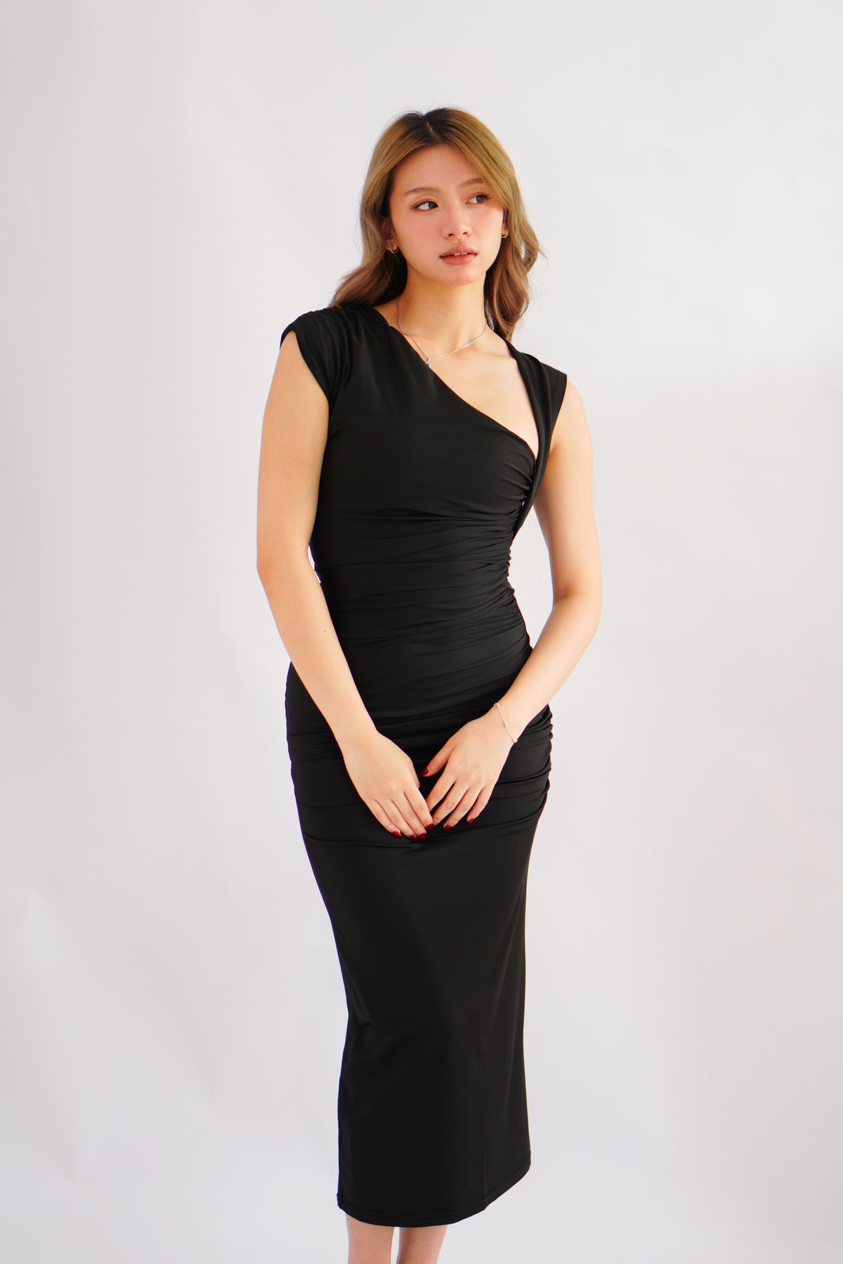 Kinzy Ruched Bodycon Maxi Dress in Black