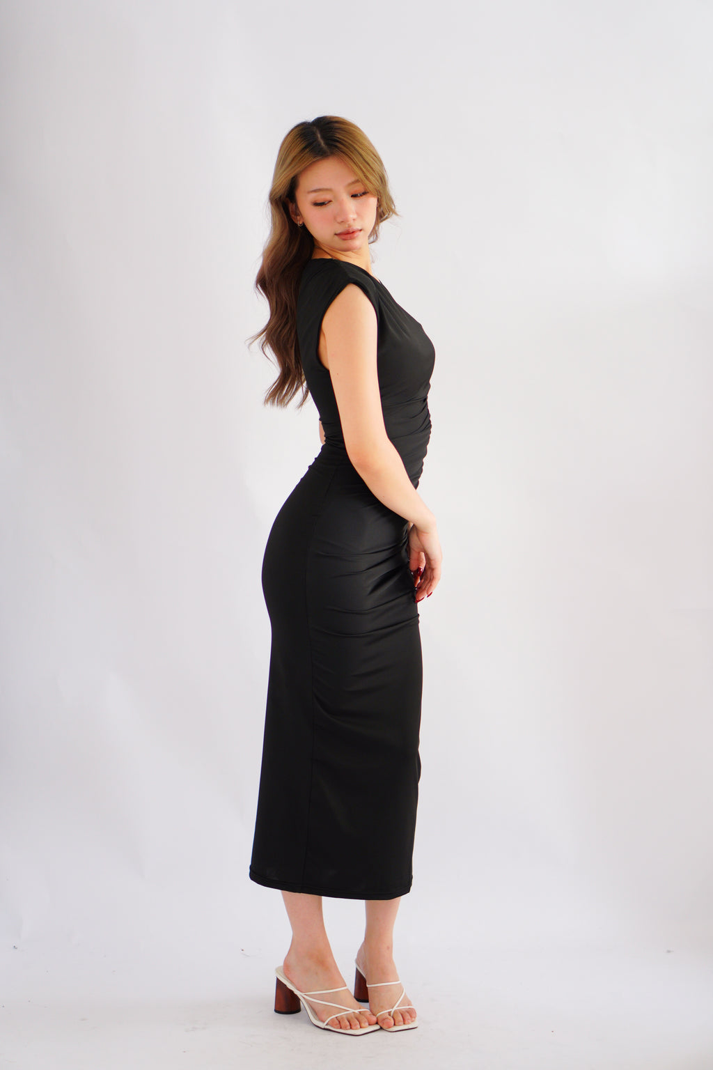 Kinzy Ruched Bodycon Maxi Dress in Black