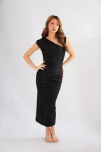 Kinzy Ruched Bodycon Maxi Dress in Black