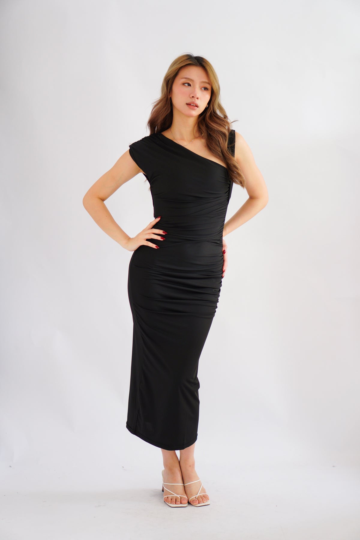 Kinzy Ruched Bodycon Maxi Dress in Black