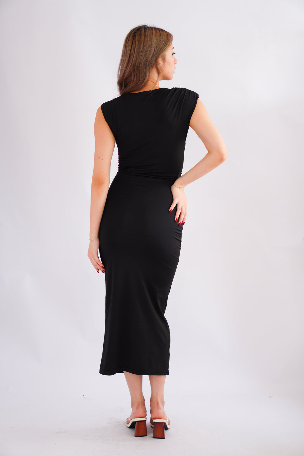 Kinzy Ruched Bodycon Maxi Dress in Black