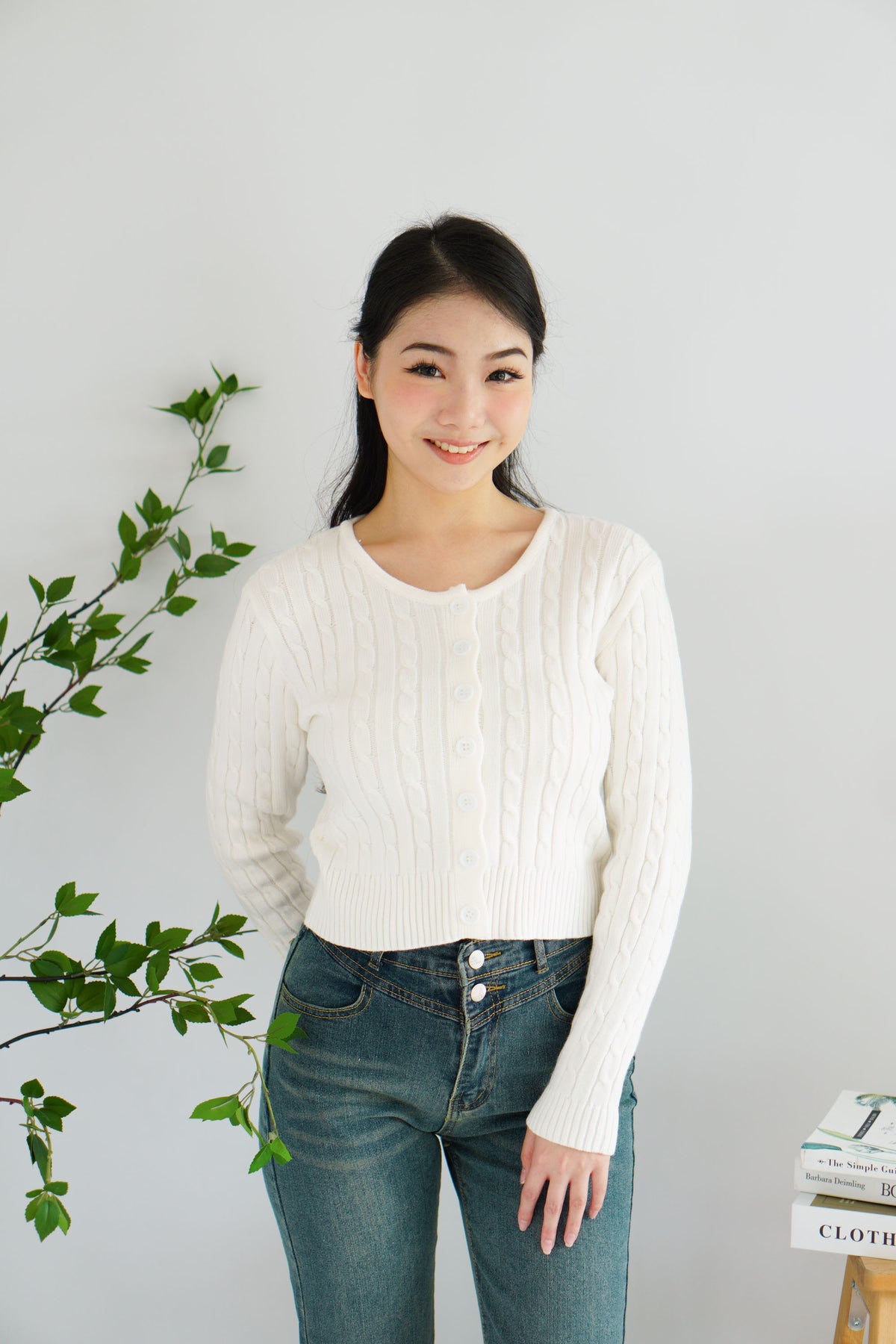 Dearisa Knit Cardigan Button Top in White