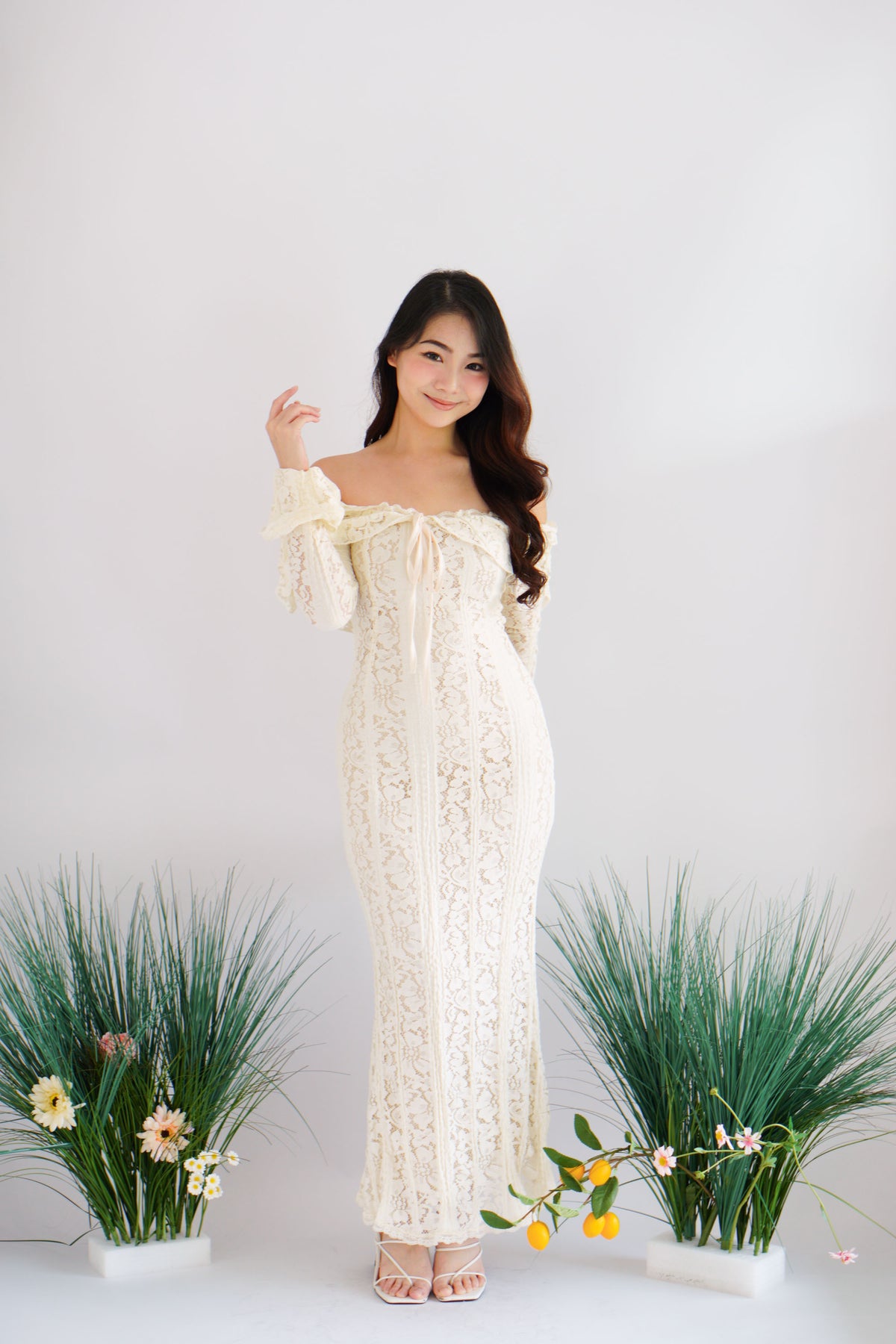 (Premium) Thaleessa Lace Off Shoulder Maxi Dress in Cream