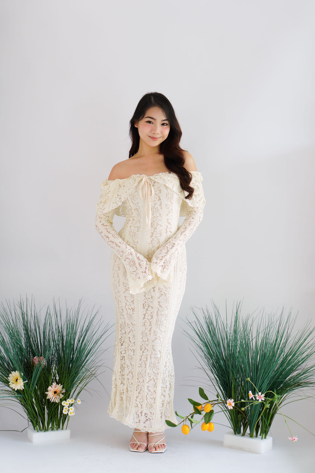 (Premium) Thaleessa Lace Off Shoulder Maxi Dress in Cream