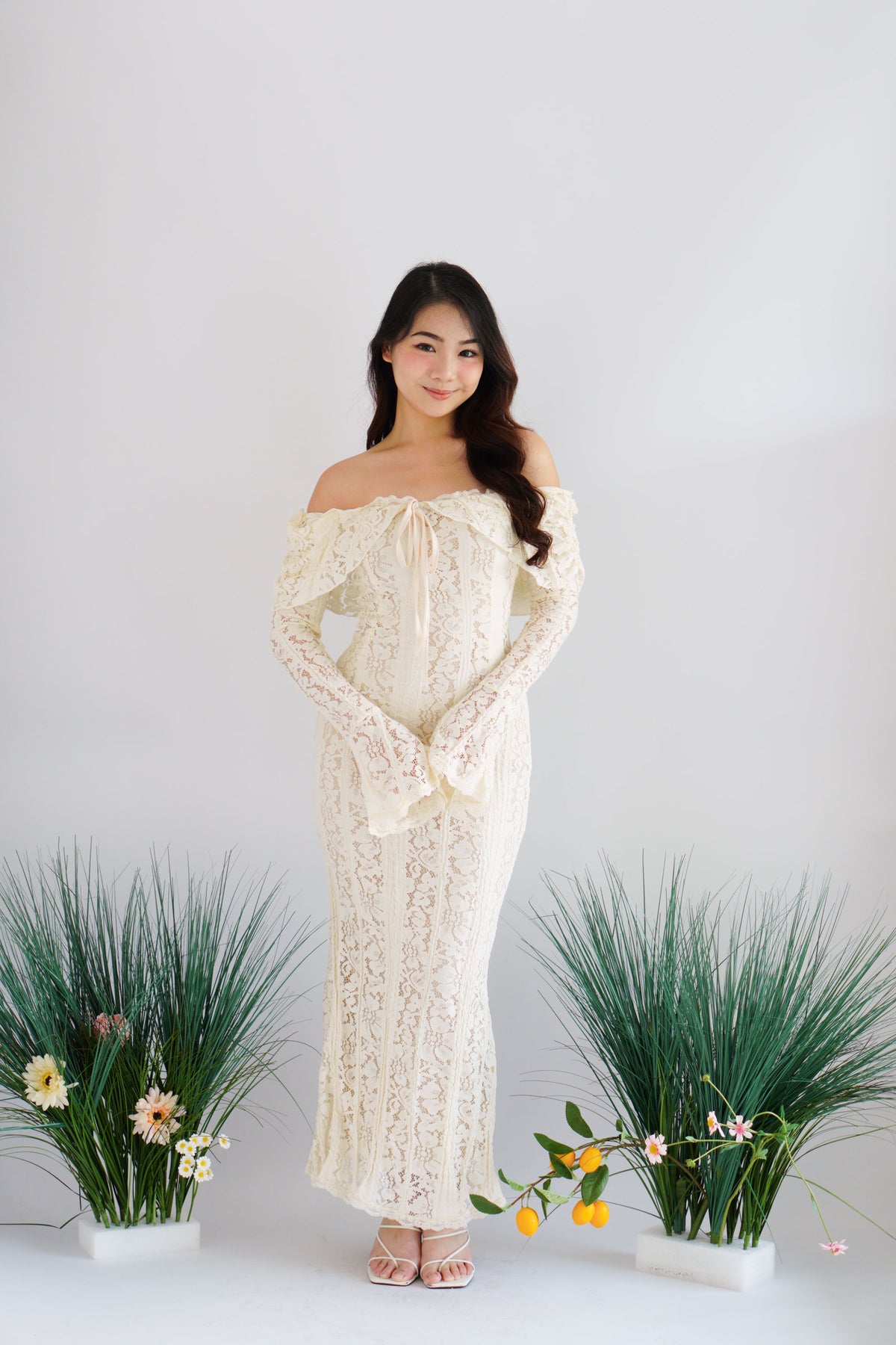 (Premium) Thaleessa Lace Off Shoulder Maxi Dress in Cream