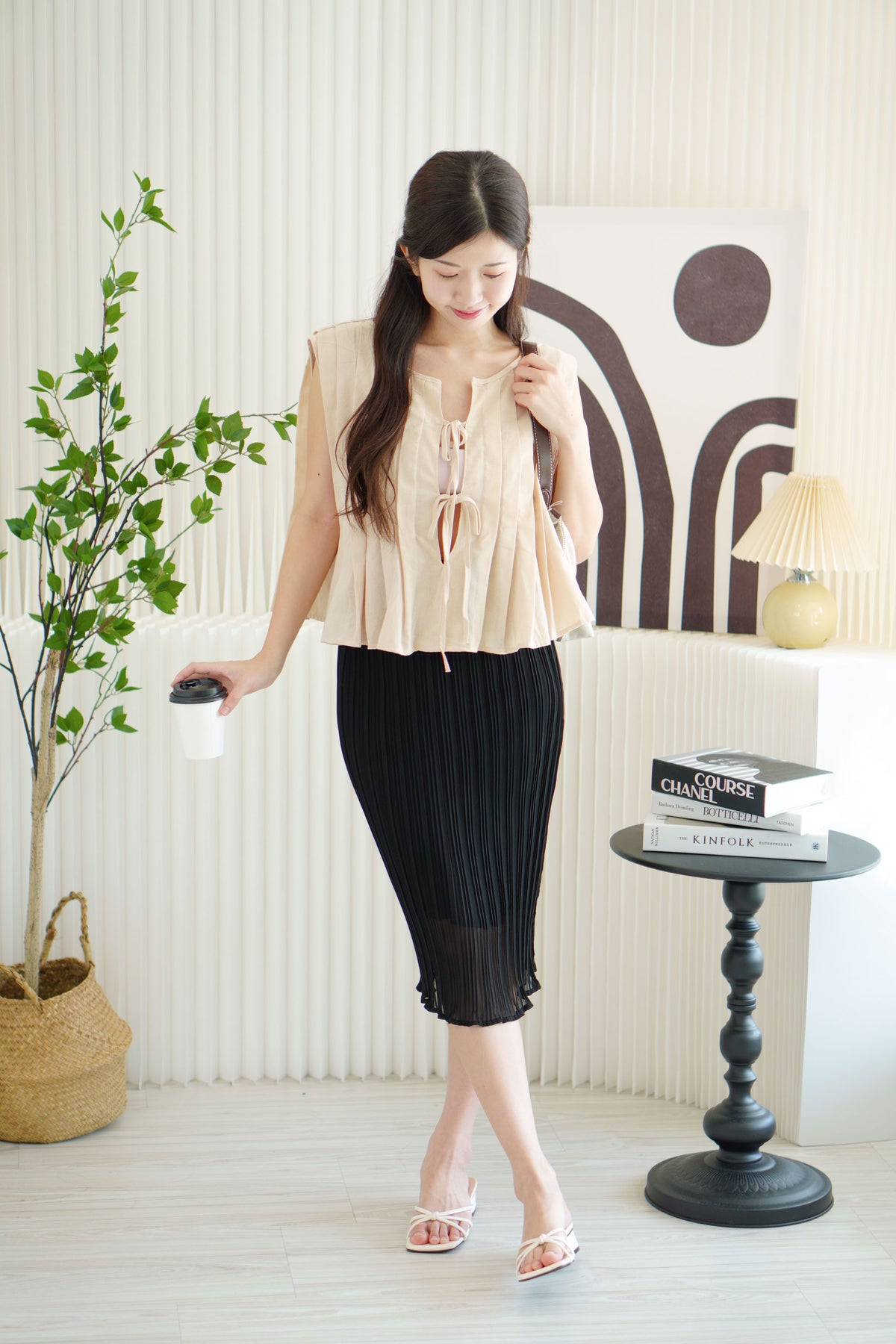 Lexi Pleated Chiffon Midi Skirt in Black