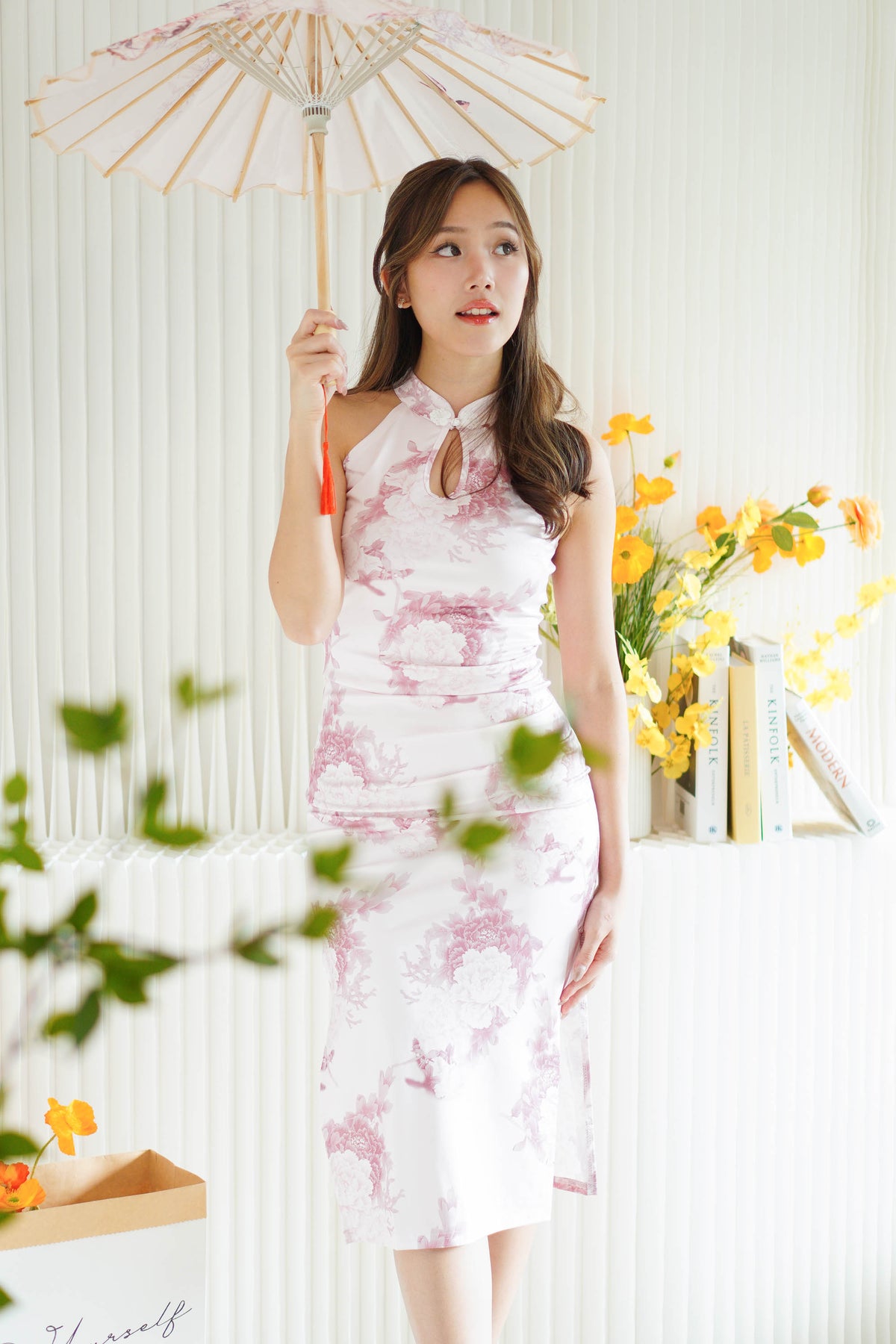 Hua Ru Halter Neck Floral Maxi Cheongsam in Pink and White