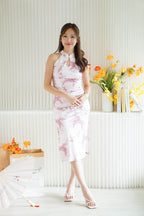Hua Ru Halter Neck Floral Maxi Cheongsam in Pink and White