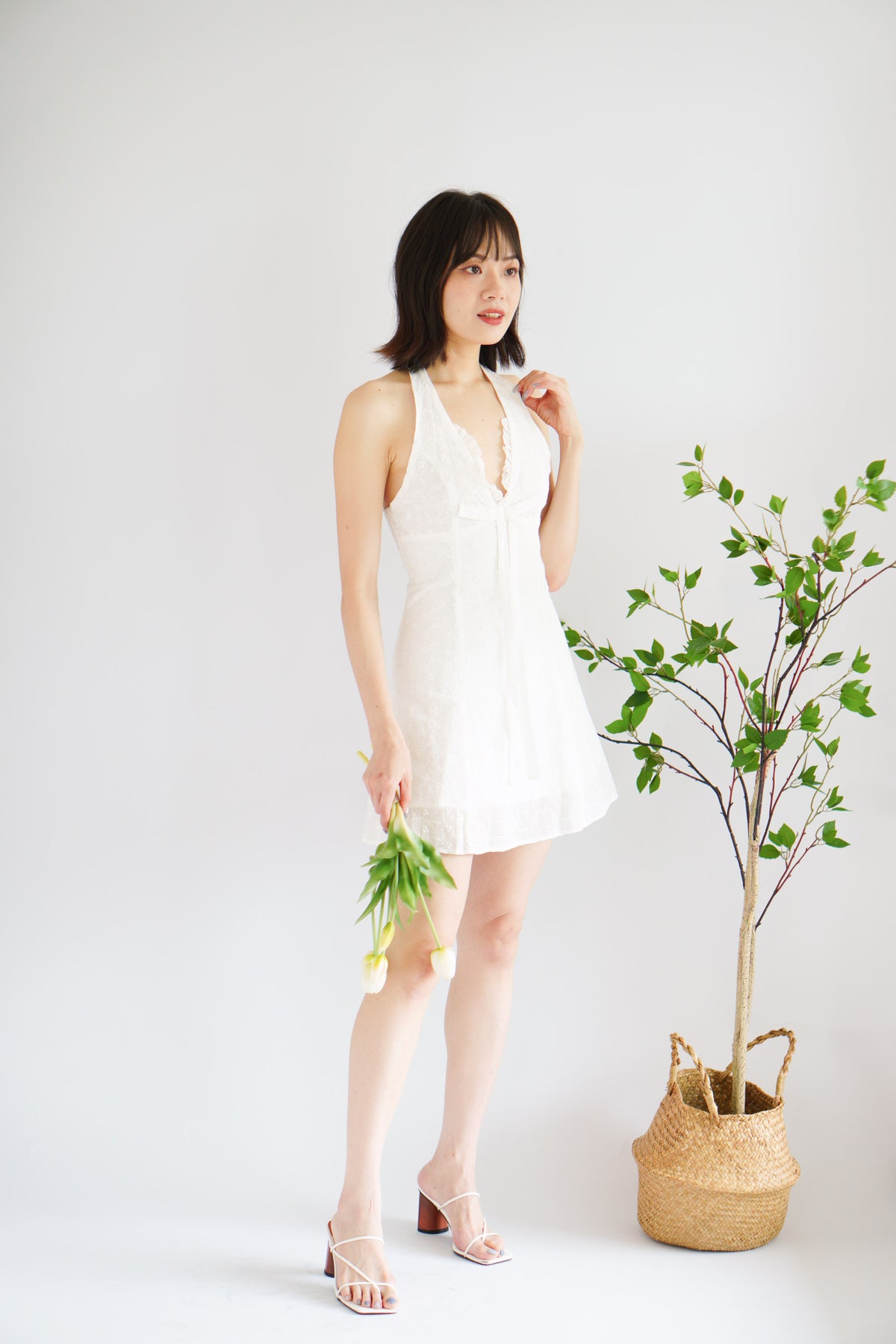 Lottie Eyelet Lace Halter Mini Dress in White
