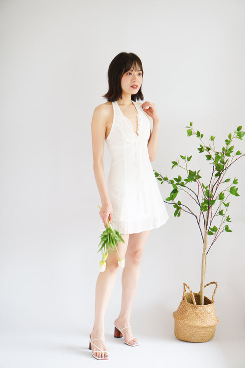 Lottie Eyelet Lace Halter Mini Dress in White