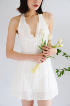 Lottie Eyelet Lace Halter Mini Dress in White