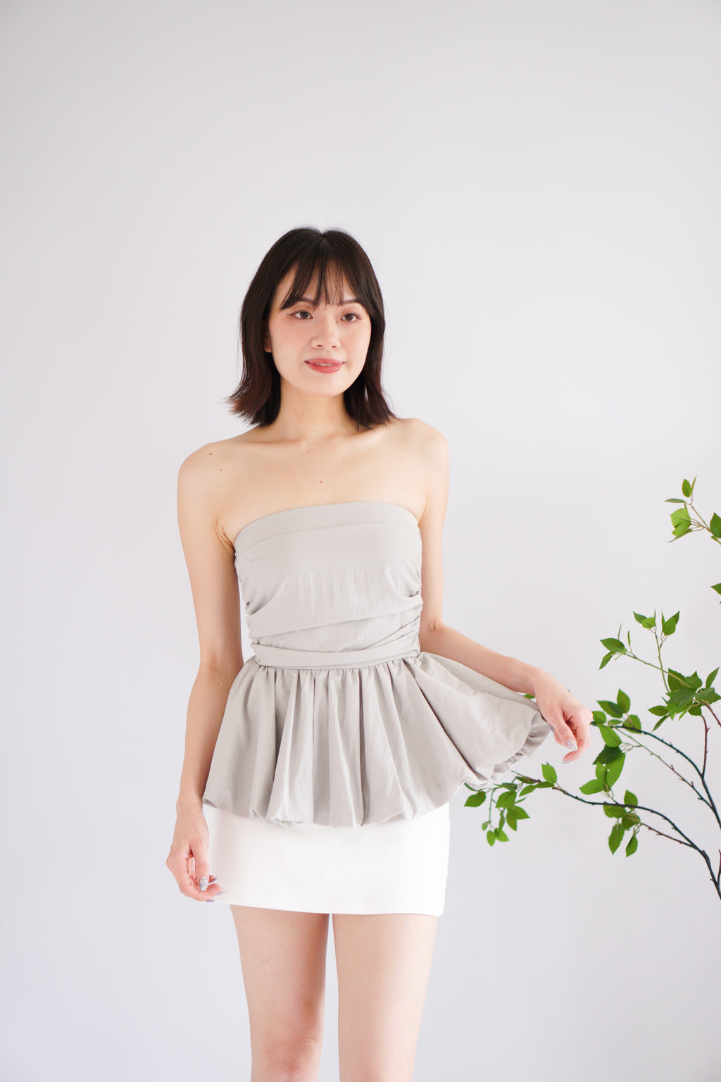 Frenchie Ruched Peplum Tube Top in Grey