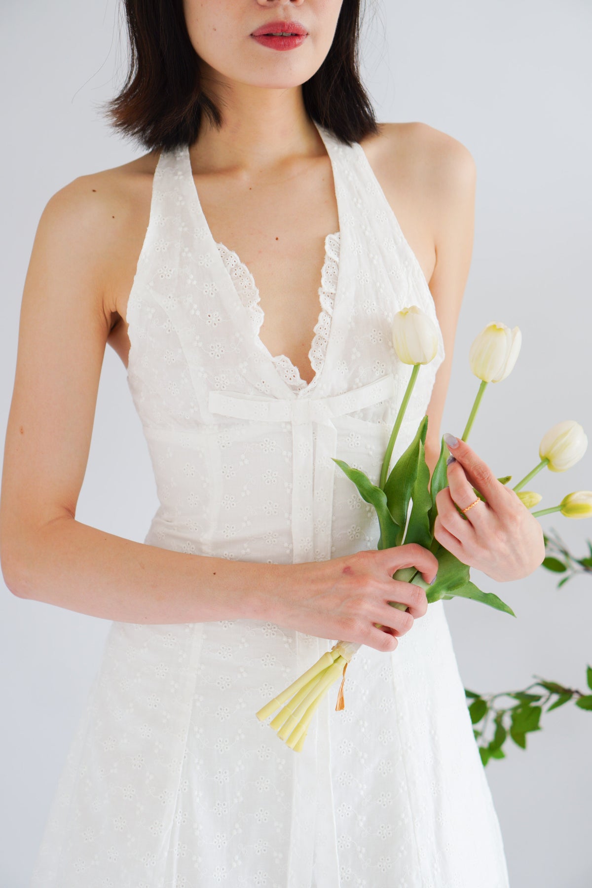 Lottie Eyelet Lace Halter Mini Dress in White
