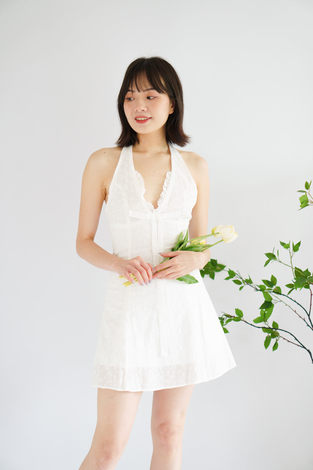 Lottie Eyelet Lace Halter Mini Dress in White