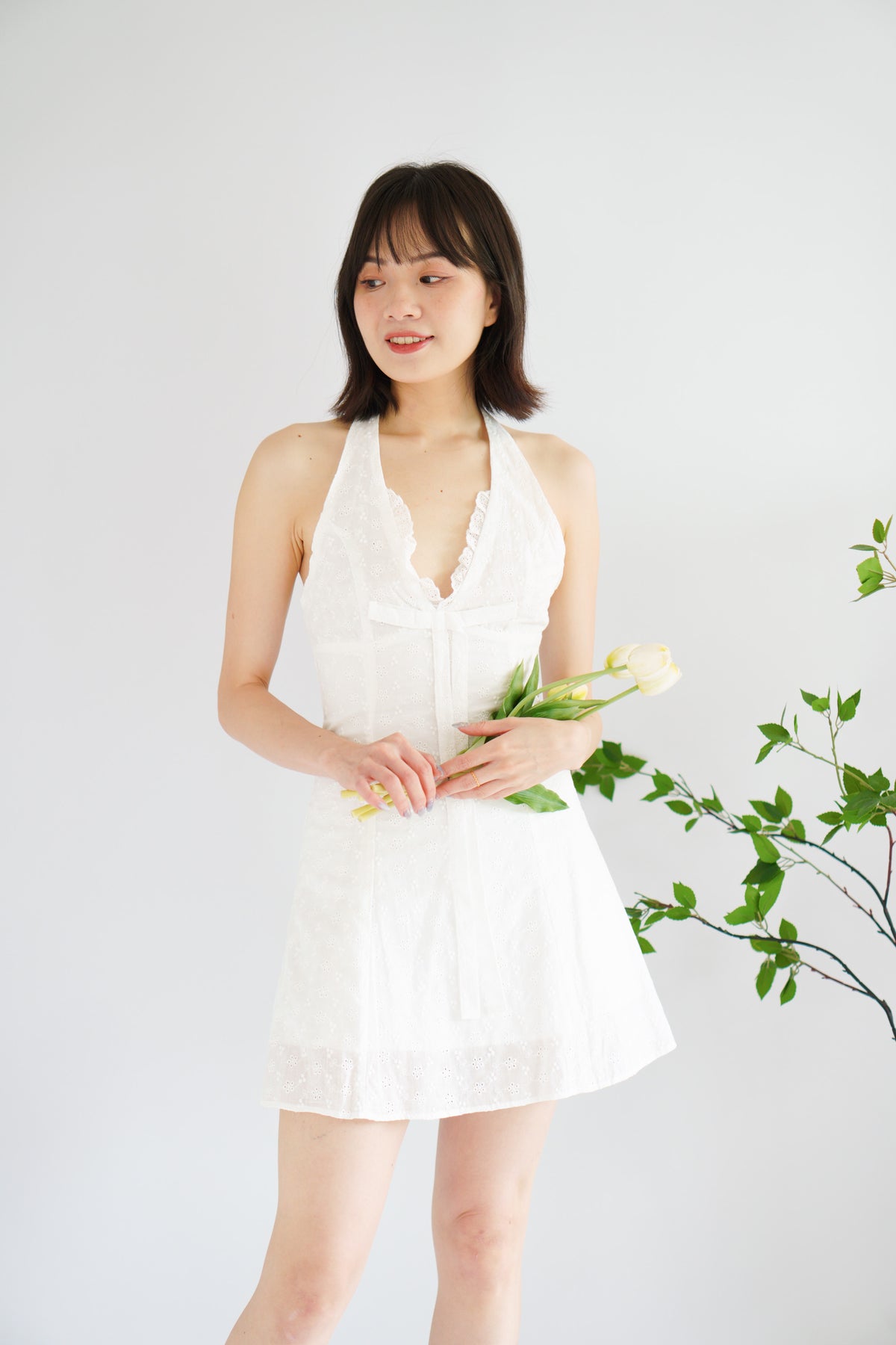 Lottie Eyelet Lace Halter Mini Dress in White