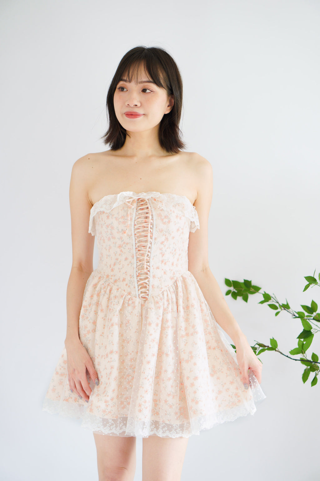 Nerina Lace Floral Tube Mini Dress in Cream and Orange