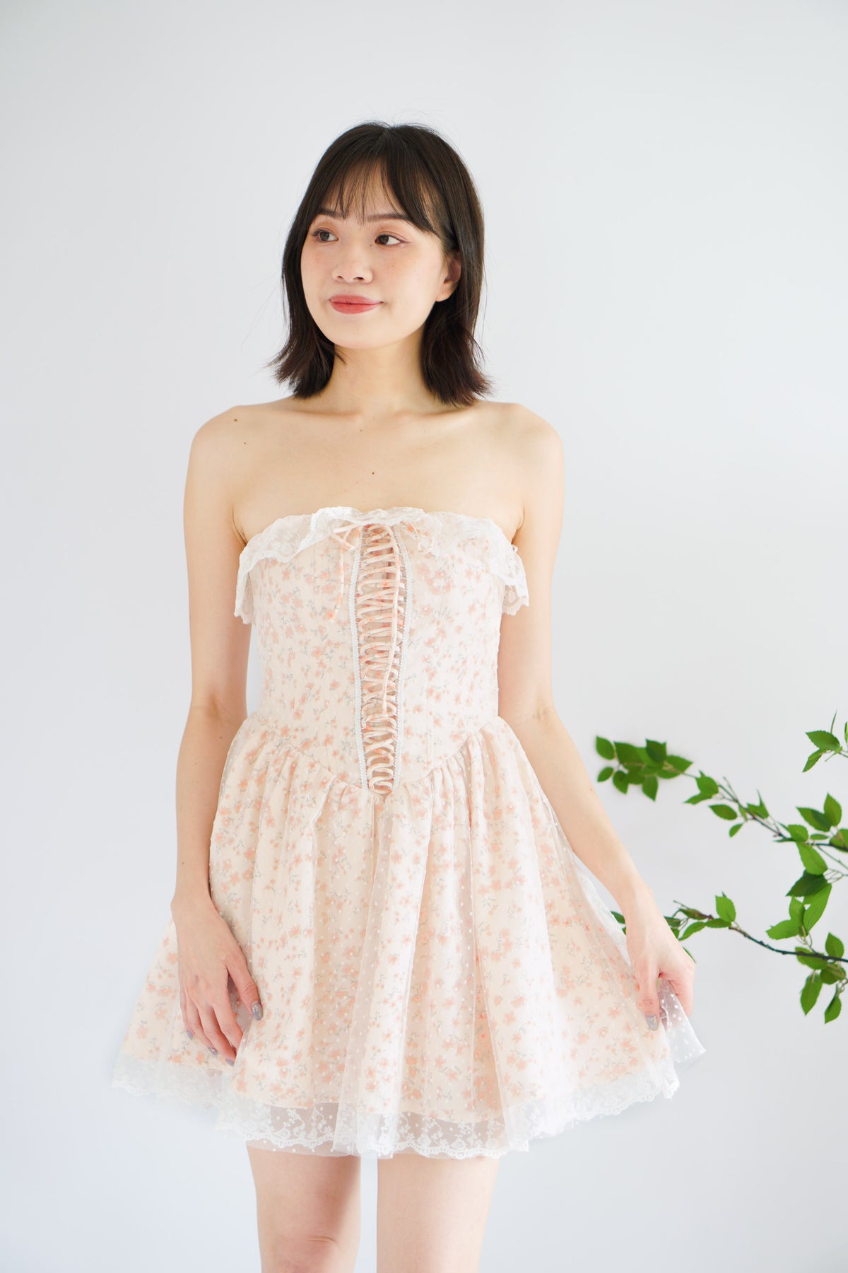 Nerina Lace Floral Tube Mini Dress in Cream and Orange