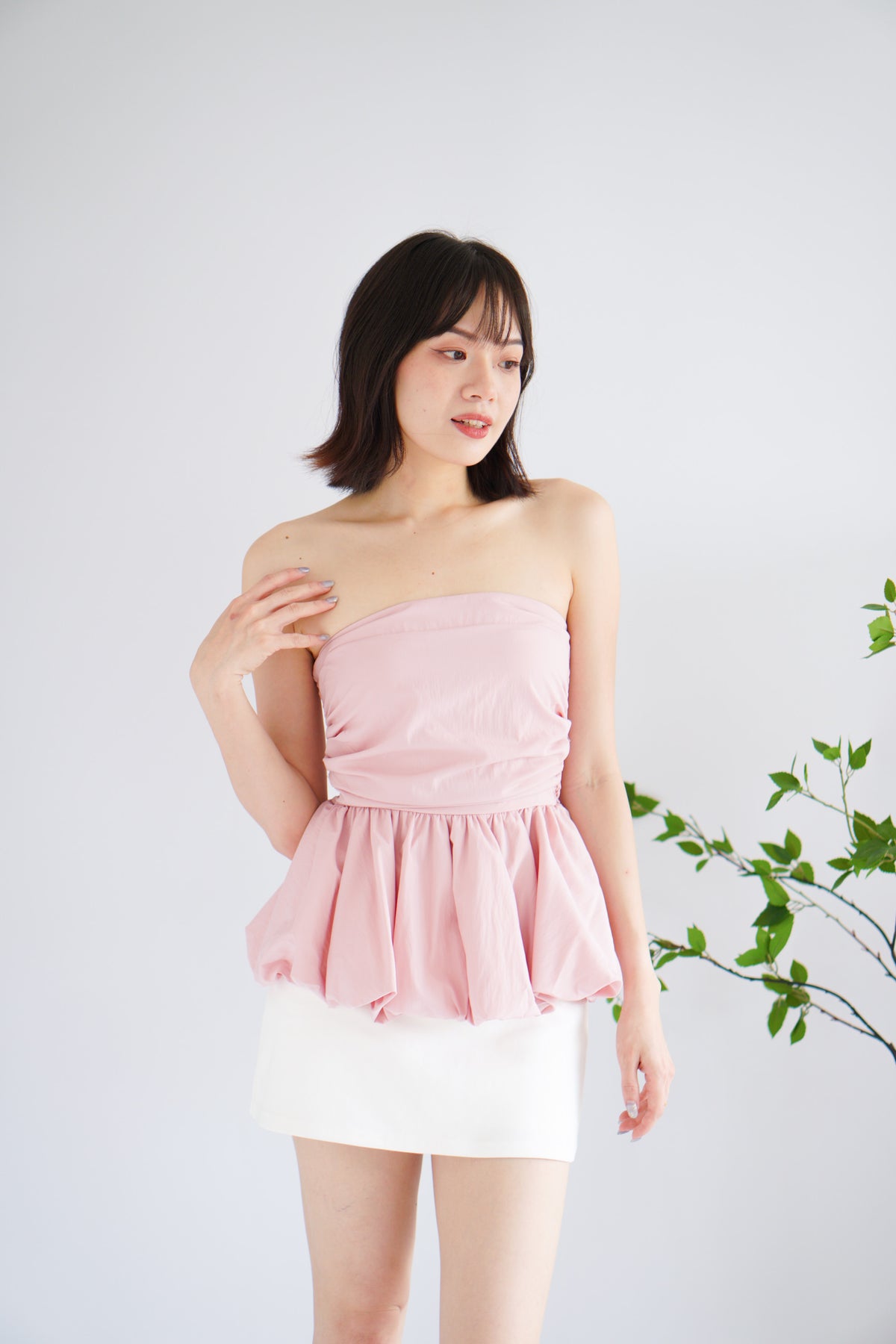 Frenchie Ruched Peplum Tube Top in Pink