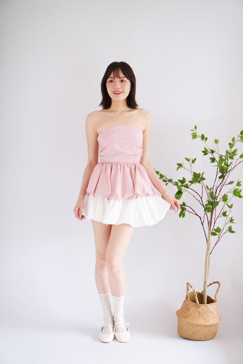 Frenchie Ruched Peplum Tube Top in Pink