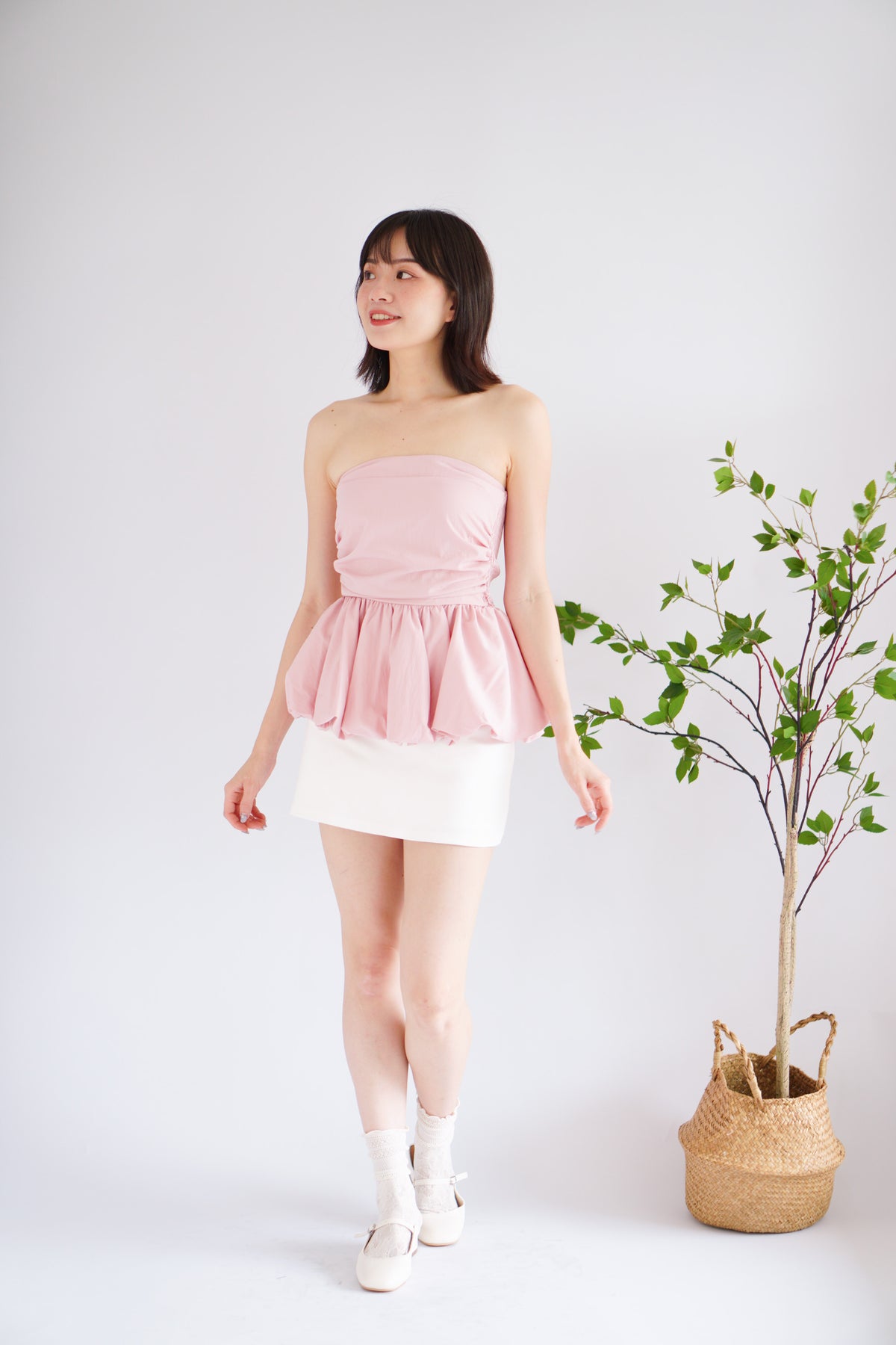 Frenchie Ruched Peplum Tube Top in Pink