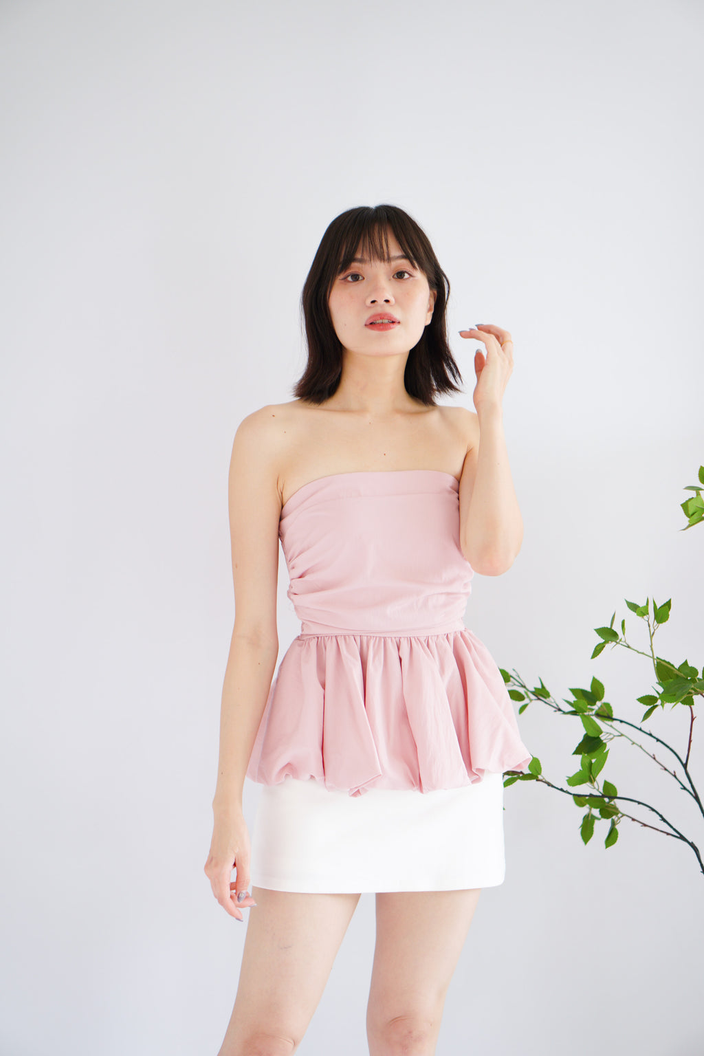 Frenchie Ruched Peplum Tube Top in Pink