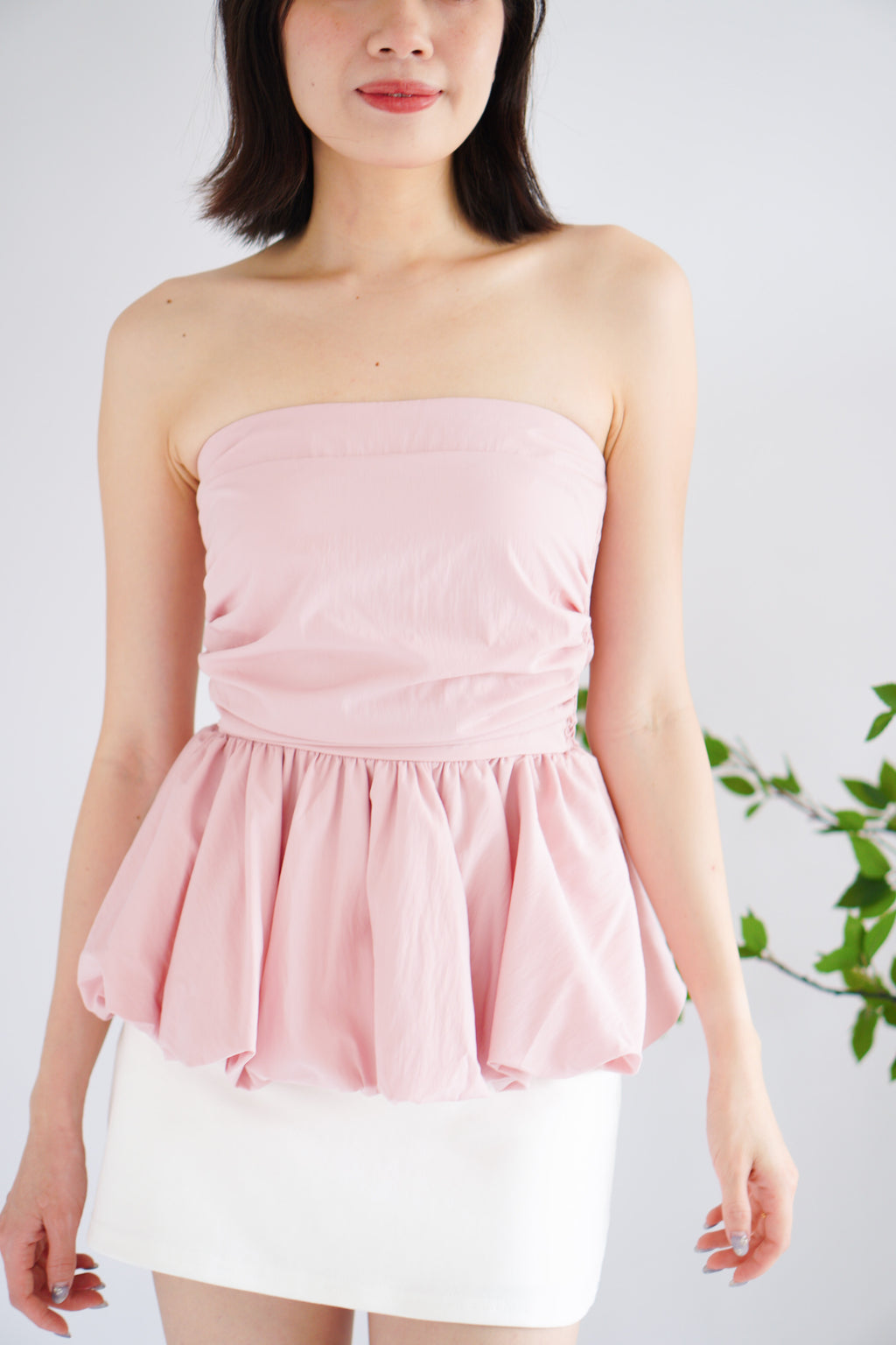 Frenchie Ruched Peplum Tube Top in Pink