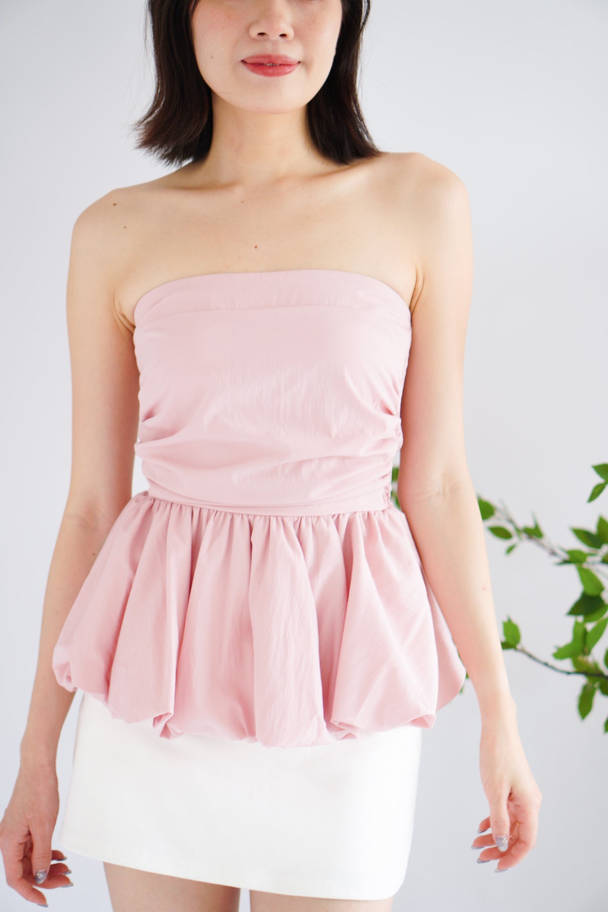 Frenchie Ruched Peplum Tube Top in Pink