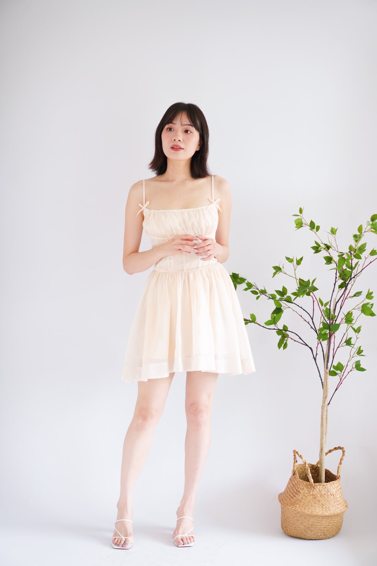 Raisa Ribbon Ruched Bust A-Line Mini Dress in Beige