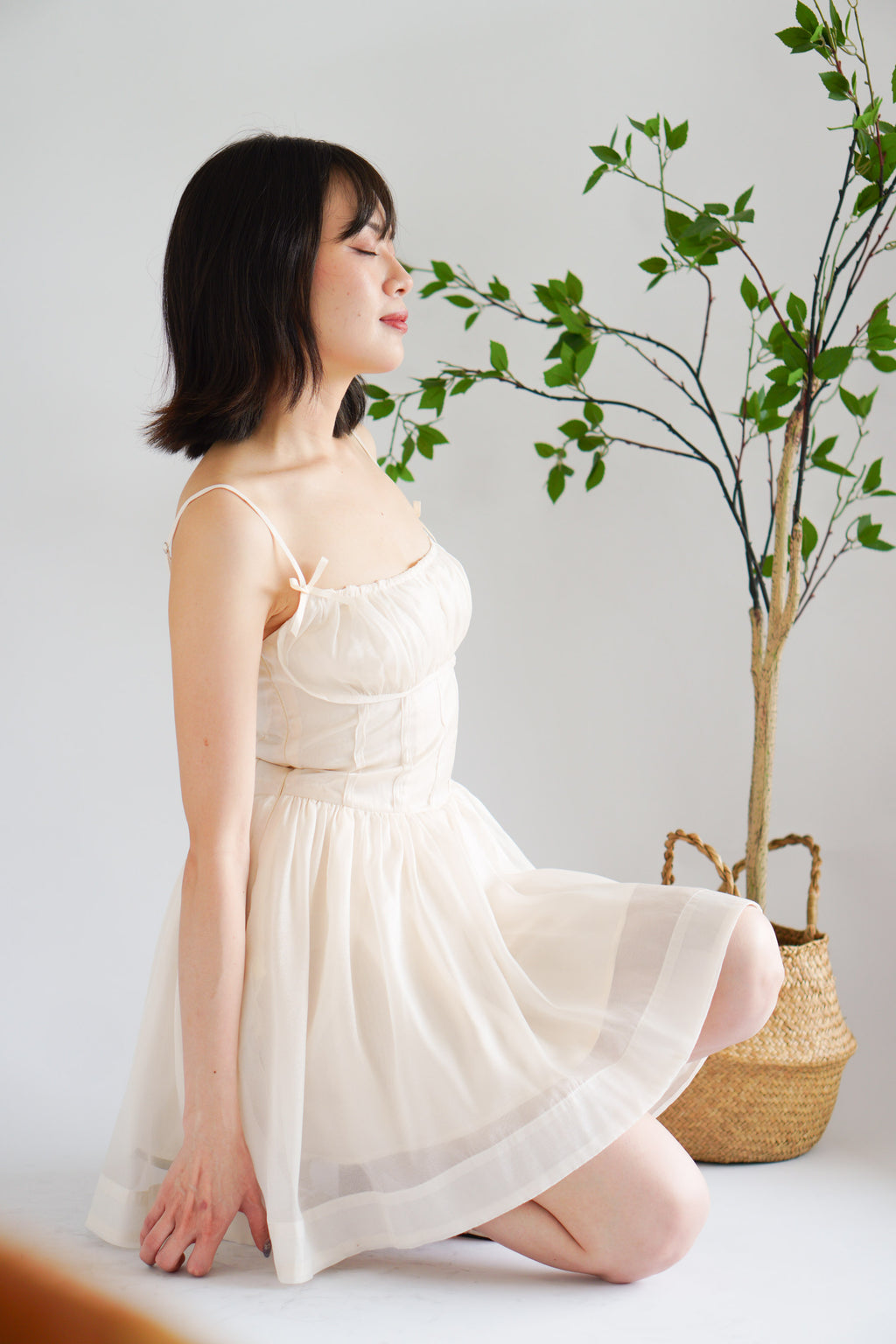 Raisa Ribbon Ruched Bust A-Line Mini Dress in Beige