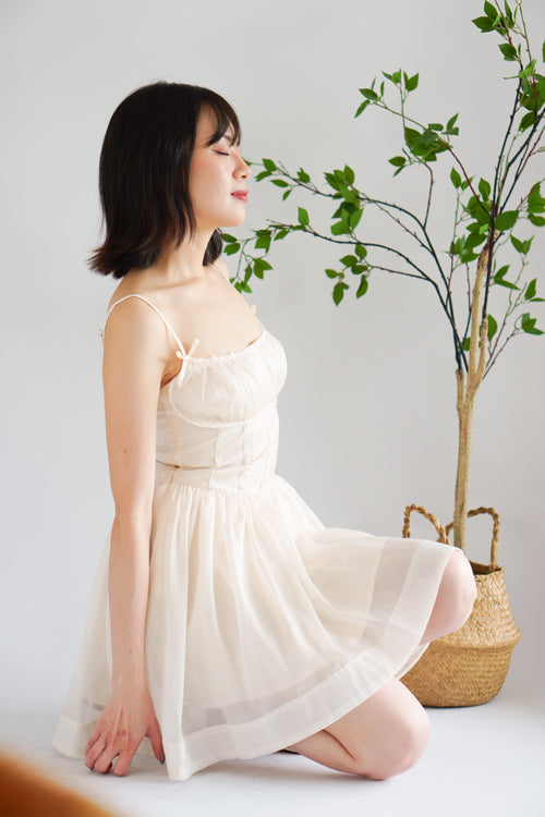 Raisa Ribbon Ruched Bust A-Line Mini Dress in Beige