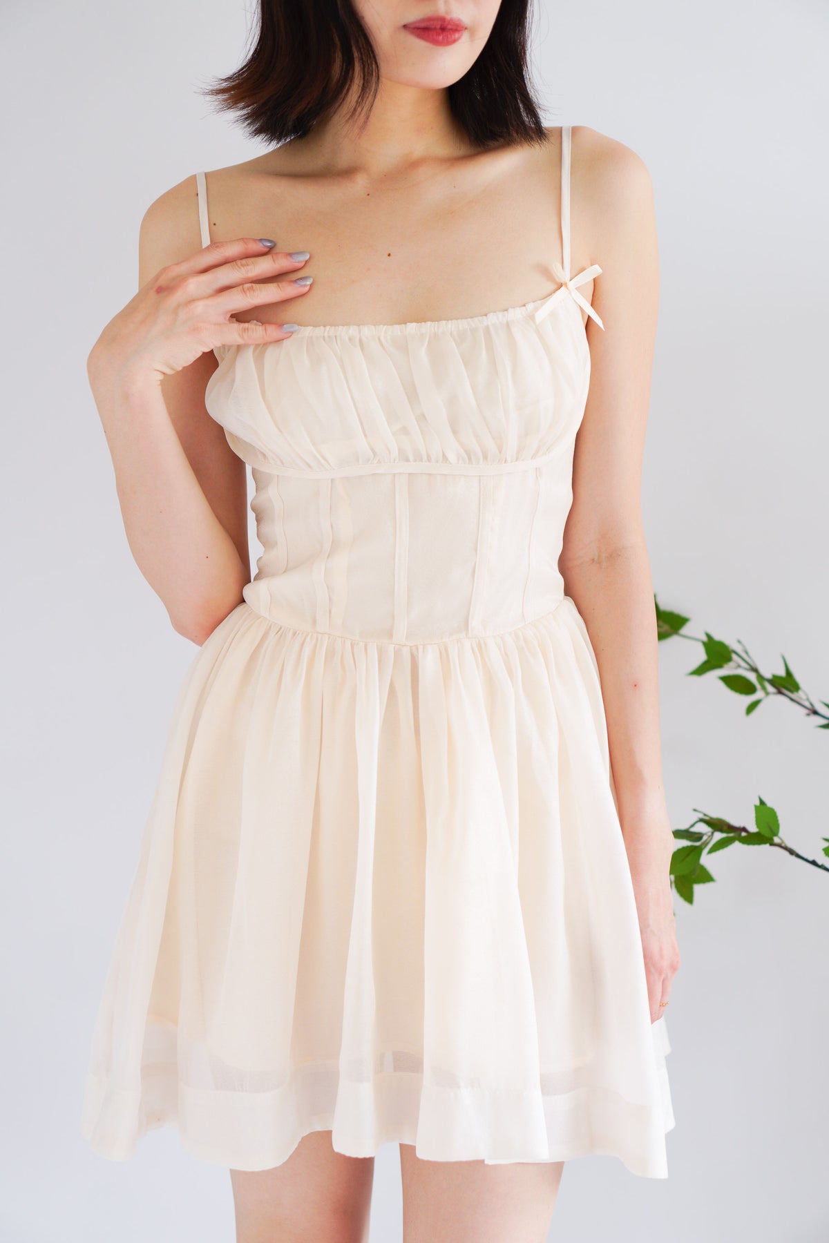 Raisa Ribbon Ruched Bust A-Line Mini Dress in Beige