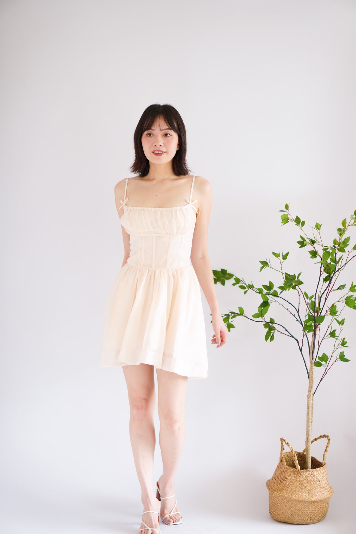 Raisa Ribbon Ruched Bust A-Line Mini Dress in Beige