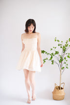 Raisa Ribbon Ruched Bust A-Line Mini Dress in Beige