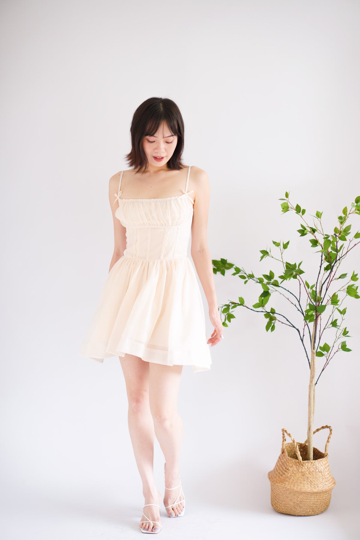 Raisa Ribbon Ruched Bust A-Line Mini Dress in Beige