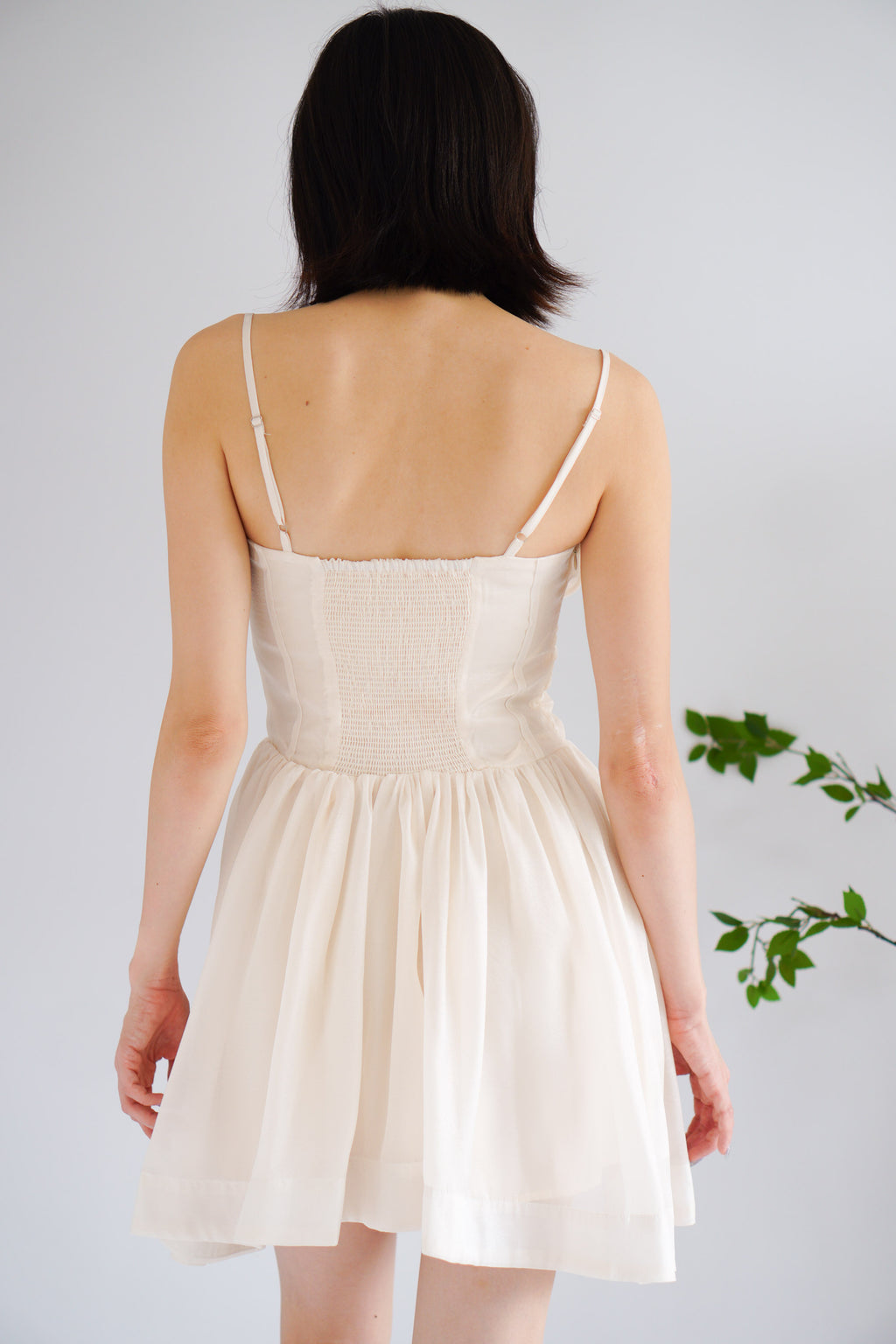 Raisa Ribbon Ruched Bust A-Line Mini Dress in Beige