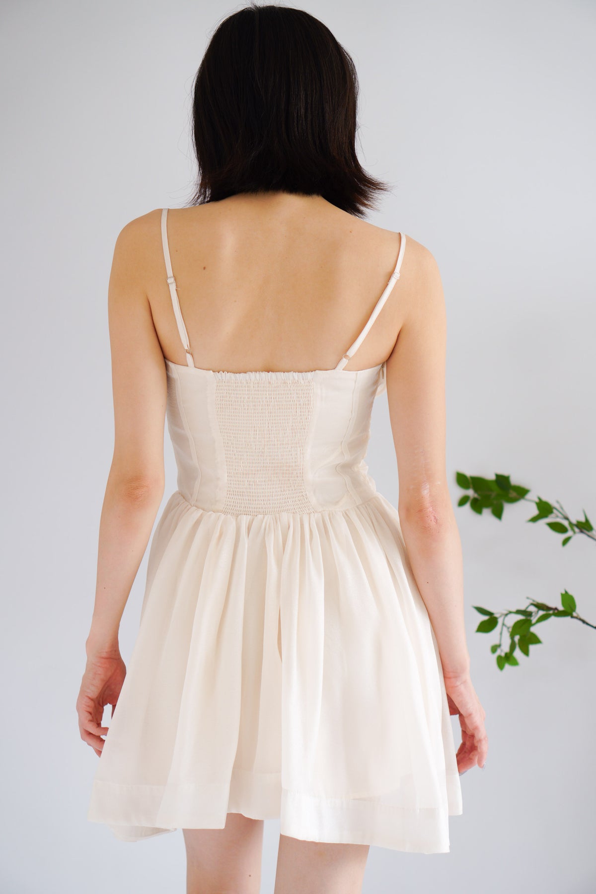 Raisa Ribbon Ruched Bust A-Line Mini Dress in Beige