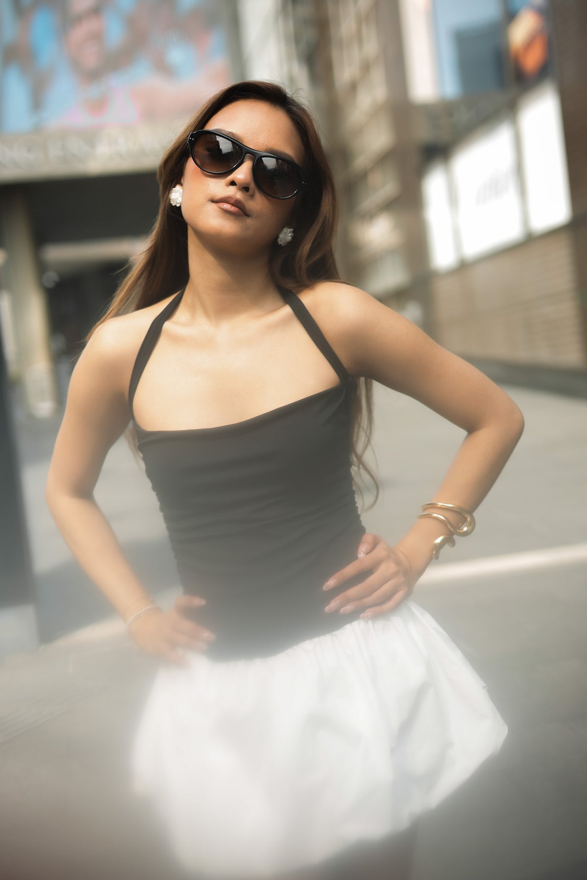 BASH x NELOIRE - Nixi Halter Neck Mini Bubble Dress in Black and White