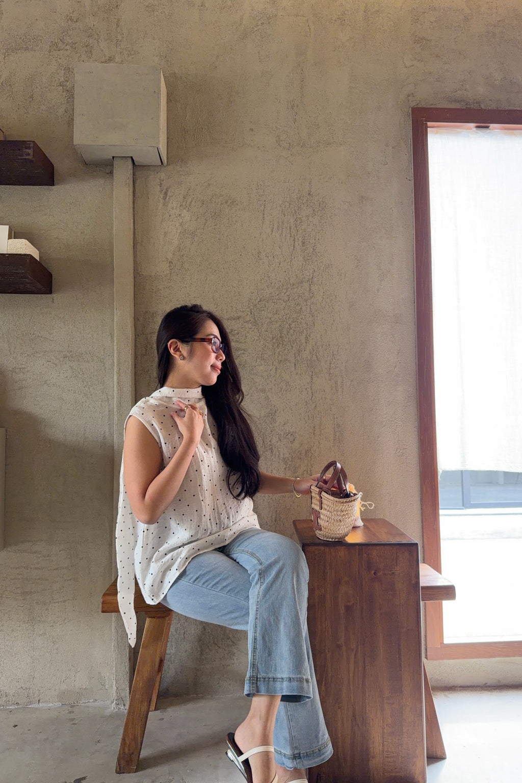 Milimay Choker Tie Neck Polkadot Top in White