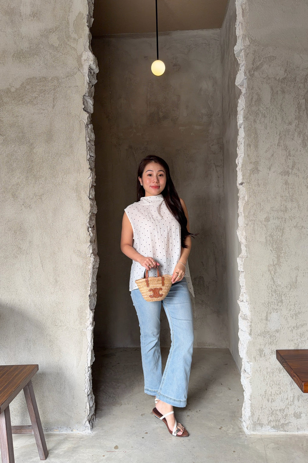 Milimay Choker Tie Neck Polkadot Top in White