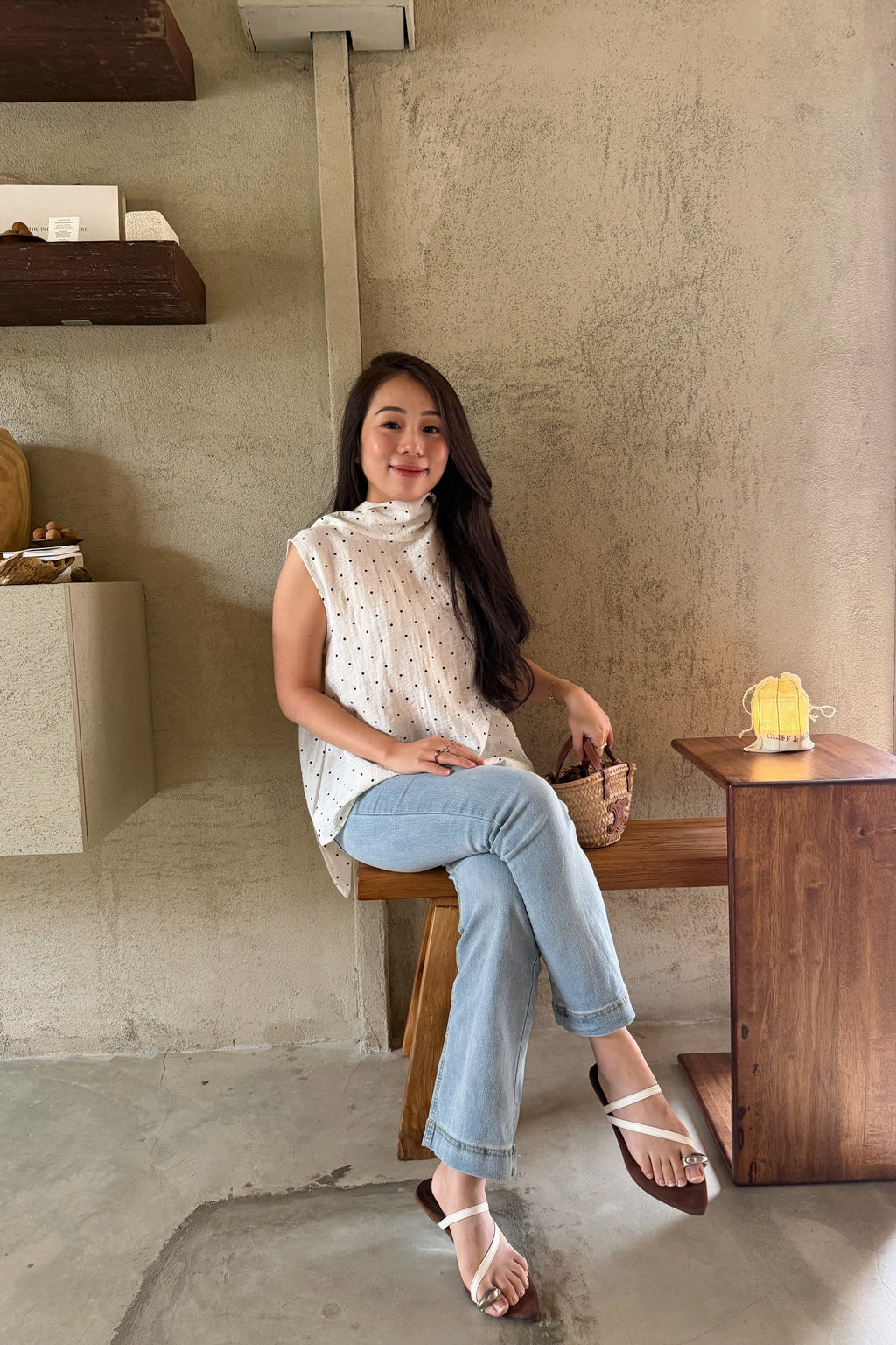Milimay Choker Tie Neck Polkadot Top in White