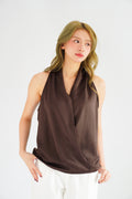 Nolette V Neck Draped Sleeveless Satin Top in Brown